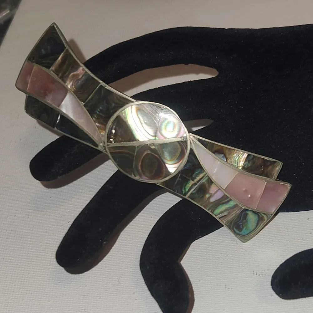 Vintage Alpaca Mexico Abalone Mother of Pearl Inlay Bow Hair Barrette Clip 3.5in